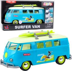 Surferbus – licht- en geluidsminibus met afneembare surfplank, turkoois