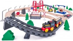 Pista ferroviaria in legno con locomotiva a batteria, 80 pezzi