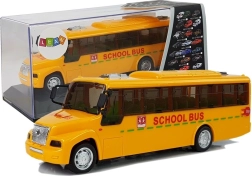 Schoolbus met aanhoudende lichten en geluiden, deuren die opengaan