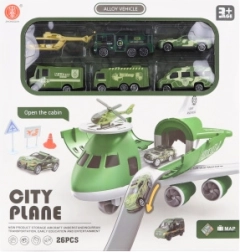 Samolot z rozkładaną garażem i wojskowymi autkami