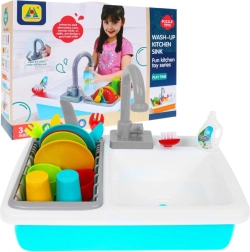 Children's sink with water faucet and dryer with dish set