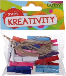 Colorful wooden clips 3.5 cm with twine, 15 pcs