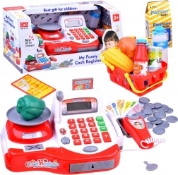 Kids’ cash register with scanner and scale, basket and accessories
