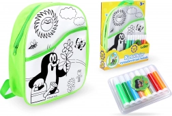 Barvajoči nahrbtnik Krt s zelenim ozadjem 30 cm + 8 flomastrov