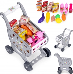 Gray kids’ shopping cart for play in a supermarket or kitchen + 18 accessories