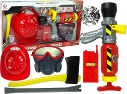 Firefighter set with water fire extinguisher, mask, and red helmet