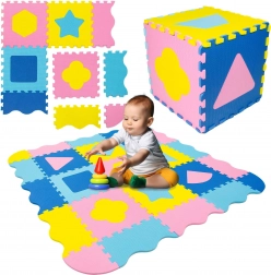 Humbi tappetino educativo in schiuma 3 in 1 con recinto e forme 120 × 120 cm, rosa/giallo/blu