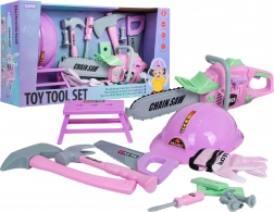 Set di attrezzi rosa per bambini con motosega e accessori