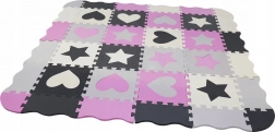 Foam puzzle mat grey–pink with hearts and stars 28 × 28 cm