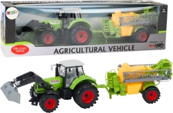 Traktor z nakladačem in škropilnico, zelen