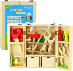 Drewniany zestaw małego majsterkowicza w kufrze, 35 elementów