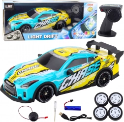 Auto sportivo RC con carrozzeria illuminata e ruote da drift – turchese