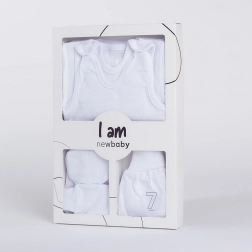 Set neonato 7 pezzi per la nascita NEW BABY I AM, bianco
