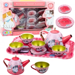 Metal Tea Set for Children with Cat Motif, Pink, 15 pcs