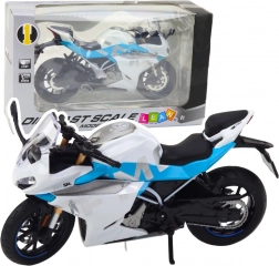 moto sportiva in metallo 1:12 con luci e suoni – bianco‑blu