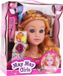 Styling head with blonde hair and accessories