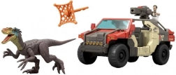 Jurassic World off-road vehicle with driver and velociraptor