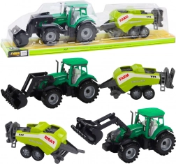 Zeleni traktor z nakladačem in balirko za seno – plastični kmetijski set za otroke