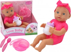 Poupée en tissu bébé avec serre-tête rose et set d’alimentation