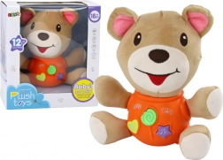 Interactive plush teddy bear – orange, plays and talks, 23 cm