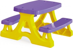 Plastic picnic table with benches, yellow‑purple