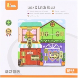 Fa Montessori manipulációs ház alakú tábla zárakkal és reteszekkel