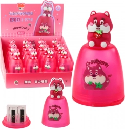Pink sharpener for thick and thin crayons with container