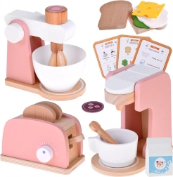 Wooden kitchen appliance set for kids – toaster, coffee maker and mixer with accessories