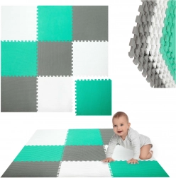 Tapis puzzle en mousse HUMBI 180 × 180 cm, étanche et sûr, 9 pièces, menthe/gris/blanc