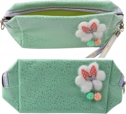 Astuccio/cosmetiquera con fiocchetto, glitter e motivo nuvoletta, menta