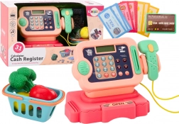 Pink kids' cash register with coins, basket, lights and sounds