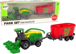 Kombajn s prikolico – zeleno‑rdeč kmetijski stroj, plastična igrača