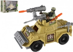 wojskowy zestaw: opancerzony samochód z żołnierzem i akcesoriami, plastik, napęd na wolny bieg