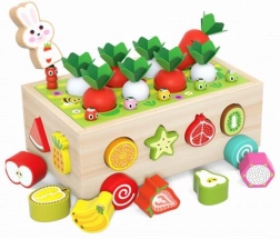 Houten wortel-sorter met wagentje