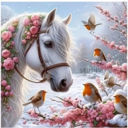 Diamond Mosaic - Horse in Winter with Bullfinch