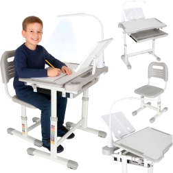 Children’s adjustable desk with chair and LED lamp, gray