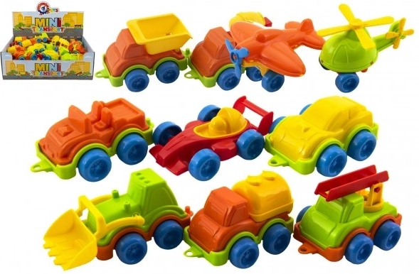 Mini vervoermiddelen van kunststof 10–12 cm, vrijloop, mix van soorten (box 42 stuks)