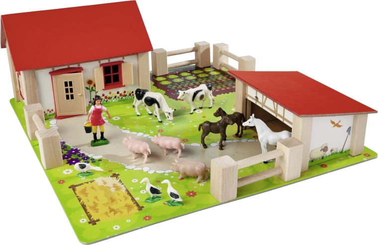 Stabil fa épületek piros tetővel