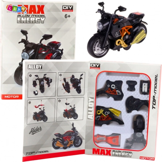 Kovový model motocykla na zostavenie 1:14 čierno‑oranžový