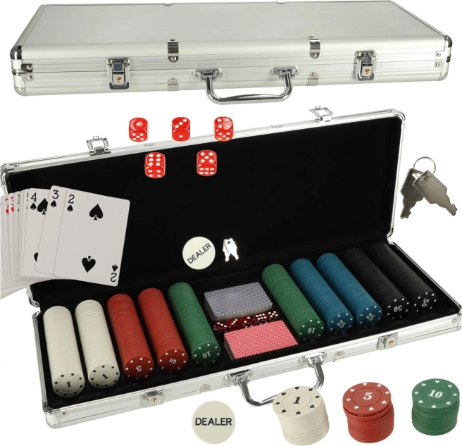 Poker set u srebrnom kovčegu s 500 žetona i 2 špila karata