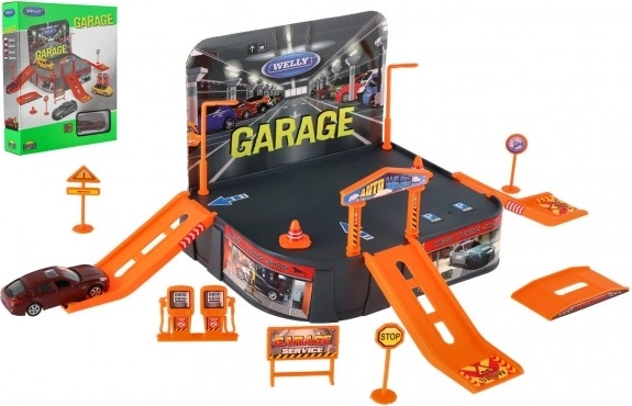 Garage toy with Welly Porsche car