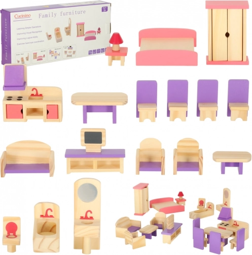 Purple wooden dollhouse furniture, 19 pieces