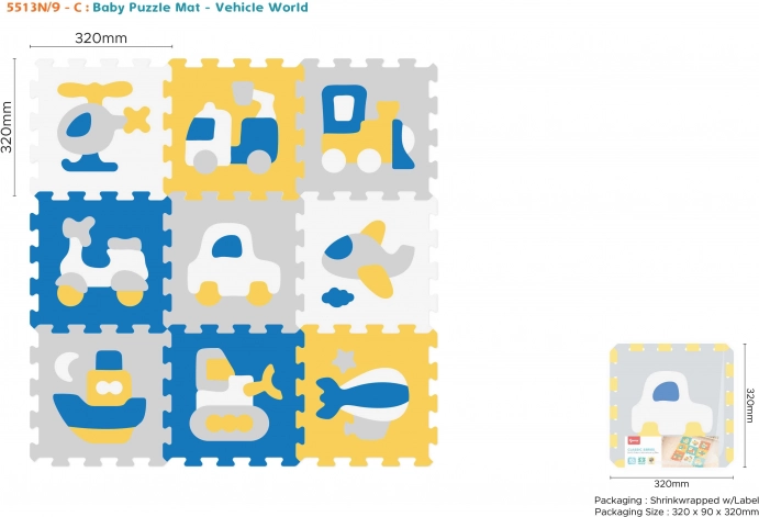 Foam puzzle mat with vehicles, 9 pcs, EVA, 3D assembly for children 10m+