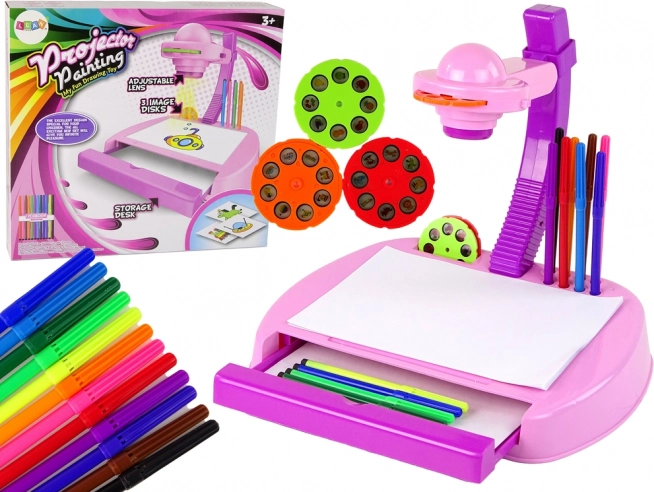 Children's Tabletop Drawing Projector in Pink with Markers and Storage