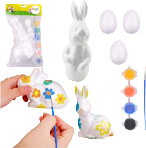 Set zum Bemalen von Styropor-Osterdekorationen Hase und 3 Eier mit Farben