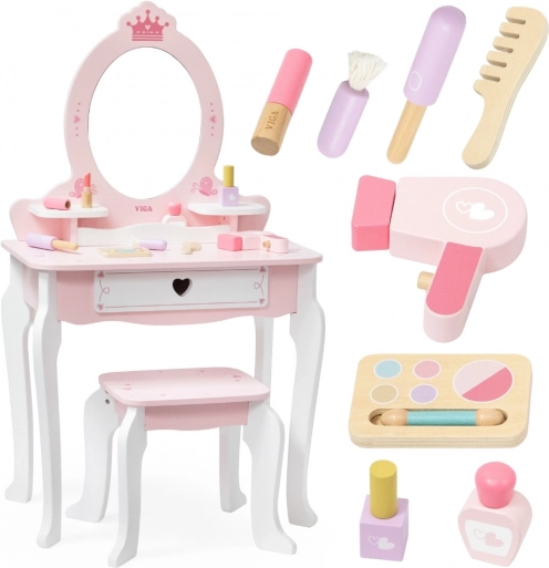 houten kinderkaptafel roze‑wit met spiegel en krukje viga