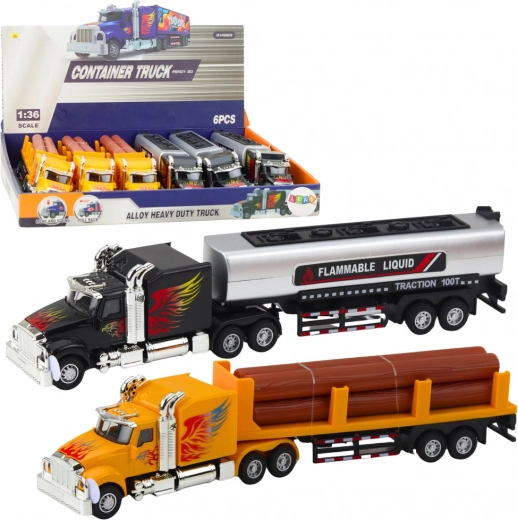 Metal Truck Set with Trailer 1:36 with Lights, Sounds, and Pull-Back Drive