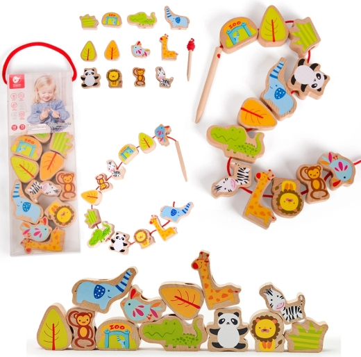 Classic World Wooden Zoo Lacing Beads, 13 pcs