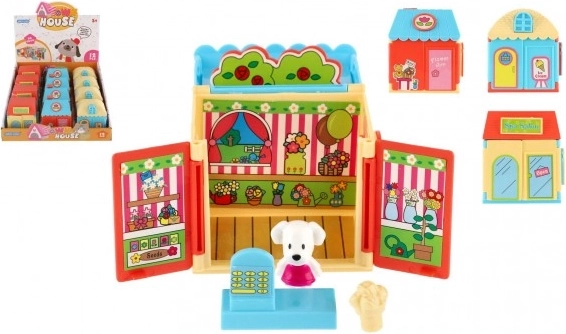 Plastic huisje met huisdiertje en accessoires – ijssalon, bloemist of schoonheidssalon