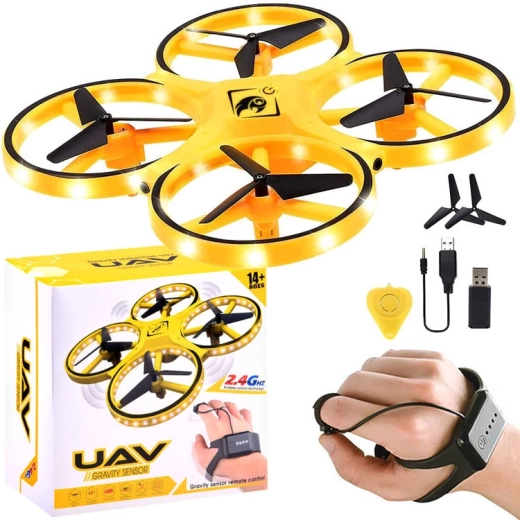 Mini dron ovládaný gestami s náramkovým ovládačom a diódovým osvetlením – Žltá